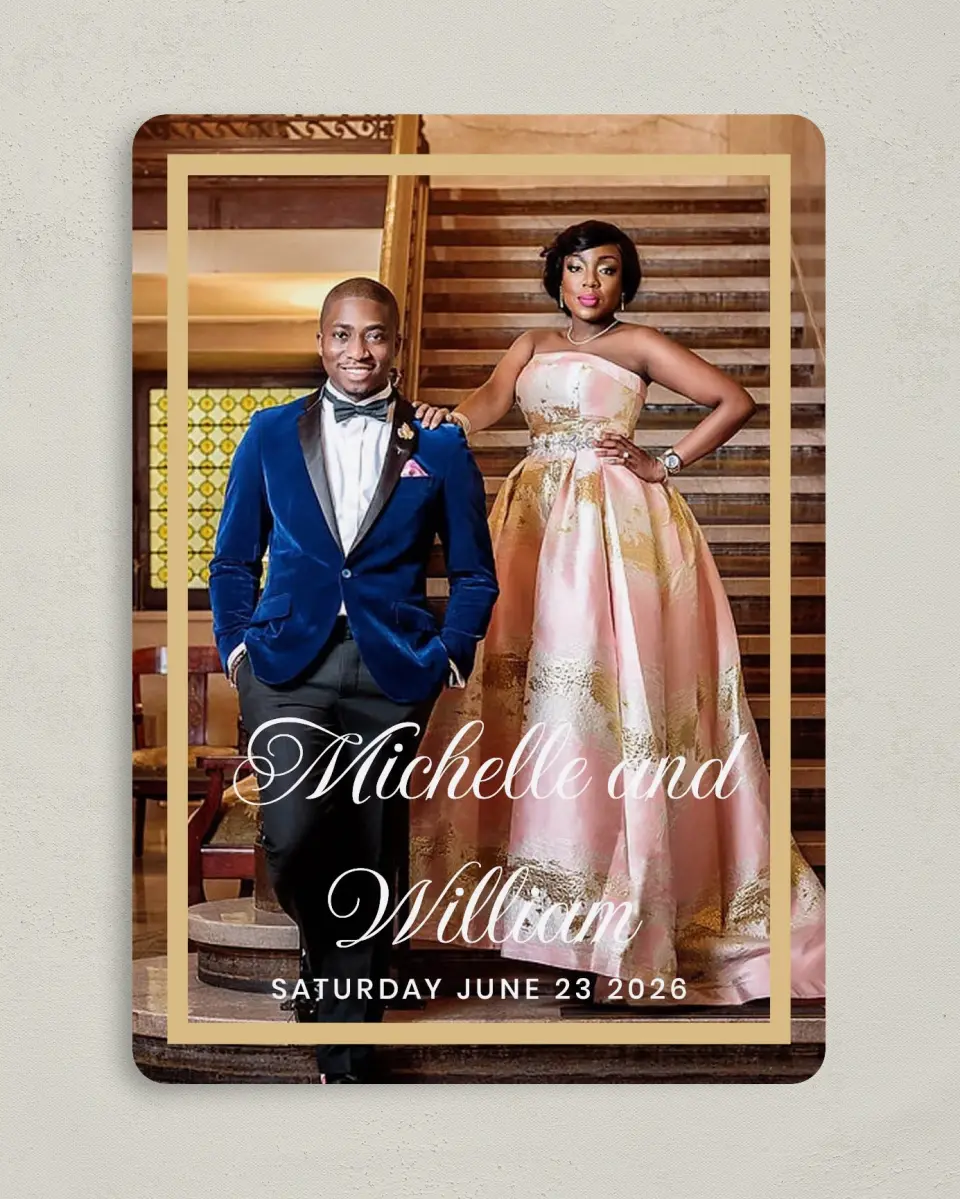 This is a 5" x 7" Save the Date Card called Gilded Opulence printed in full color on Premium Smooth paper
