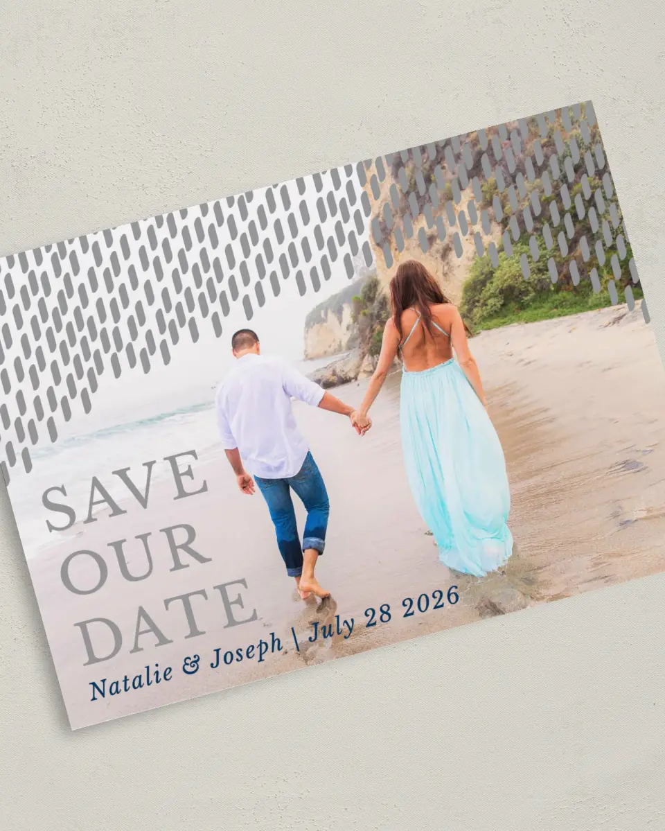 This is a 5" x 7" Save the Date Card called Modern Dash printed in full color on Premium Smooth paper