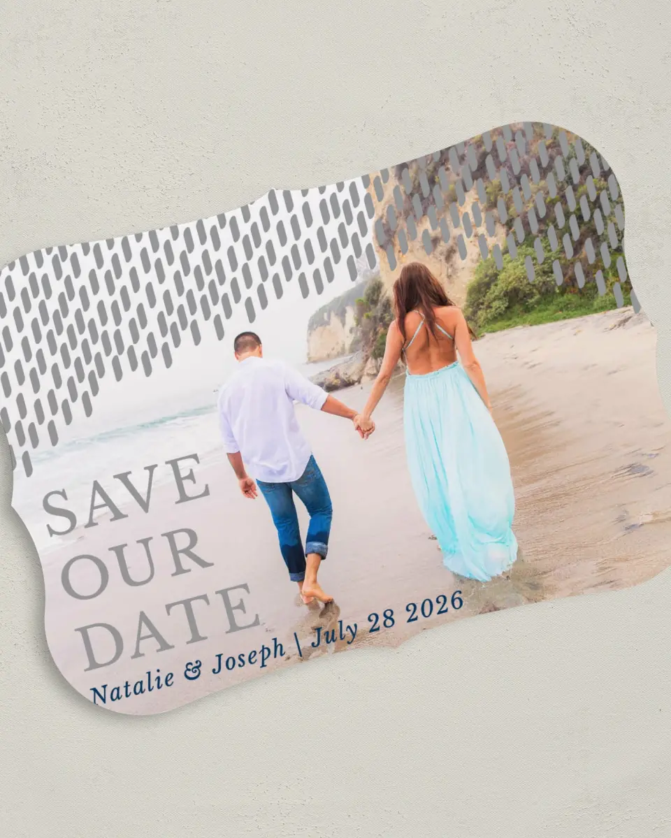 This is a 5" x 7" Save the Date Card called Modern Dash printed in full color on Premium Smooth paper