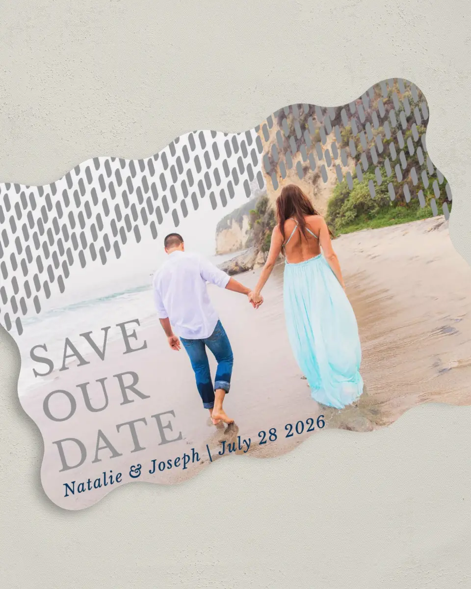 This is a 5" x 7" Save the Date Card called Modern Dash printed in full color on Premium Smooth paper