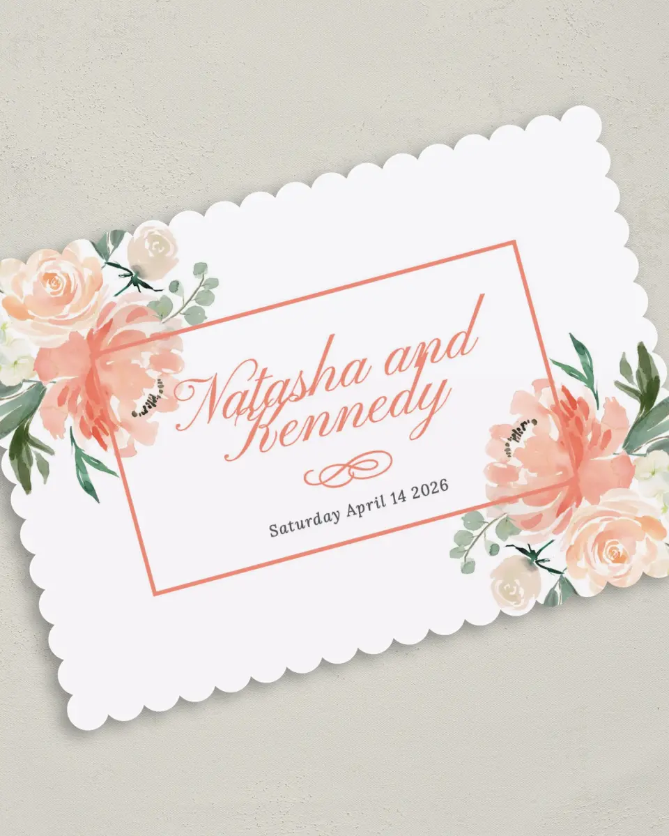 This is a 5" x 7" Save the Date Card called Luxe Floral printed in full color with Silver foil on Luxe Satin (coated) paper