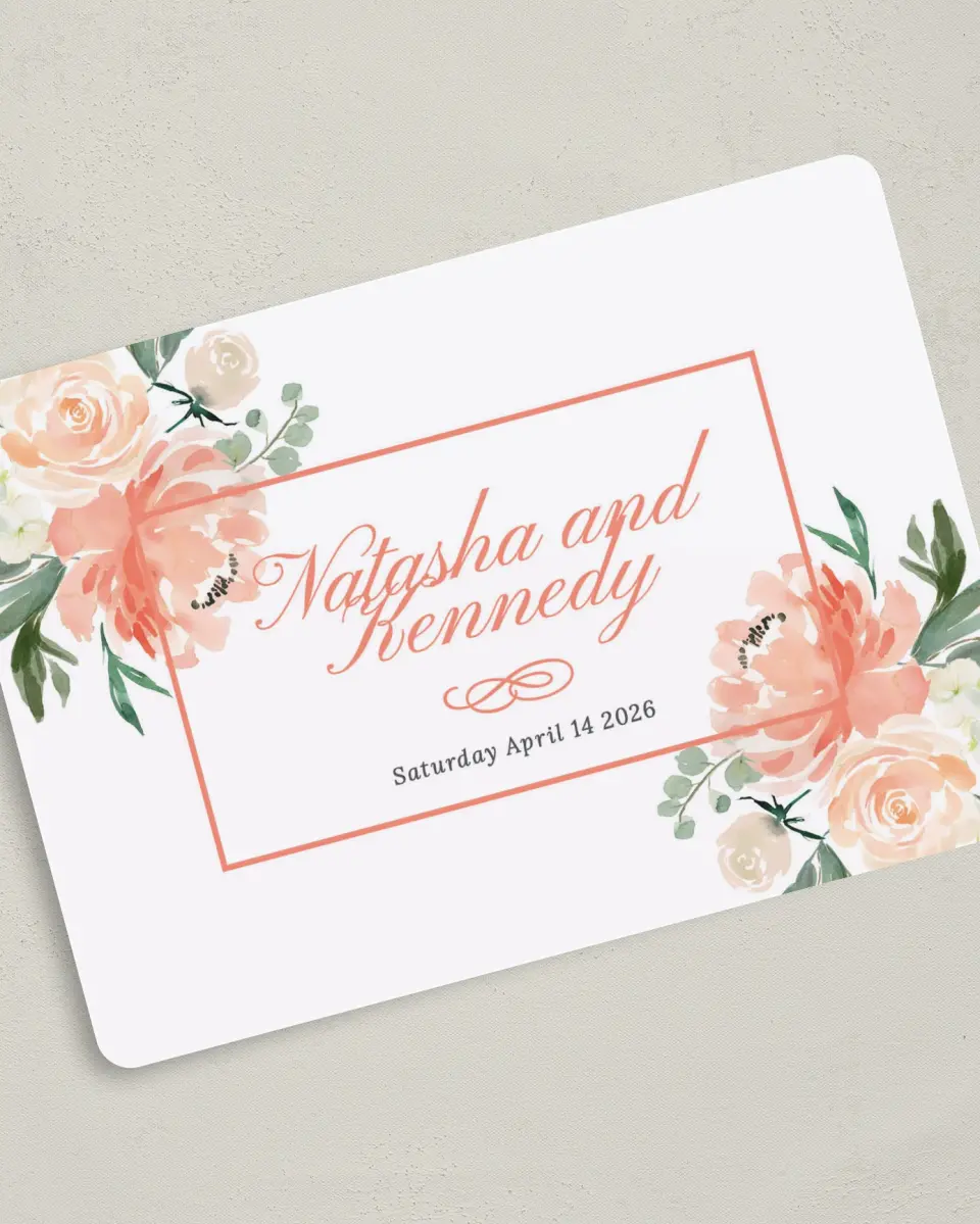 This is a 5" x 7" Save the Date Card called Luxe Floral printed in full color on Premium Smooth paper