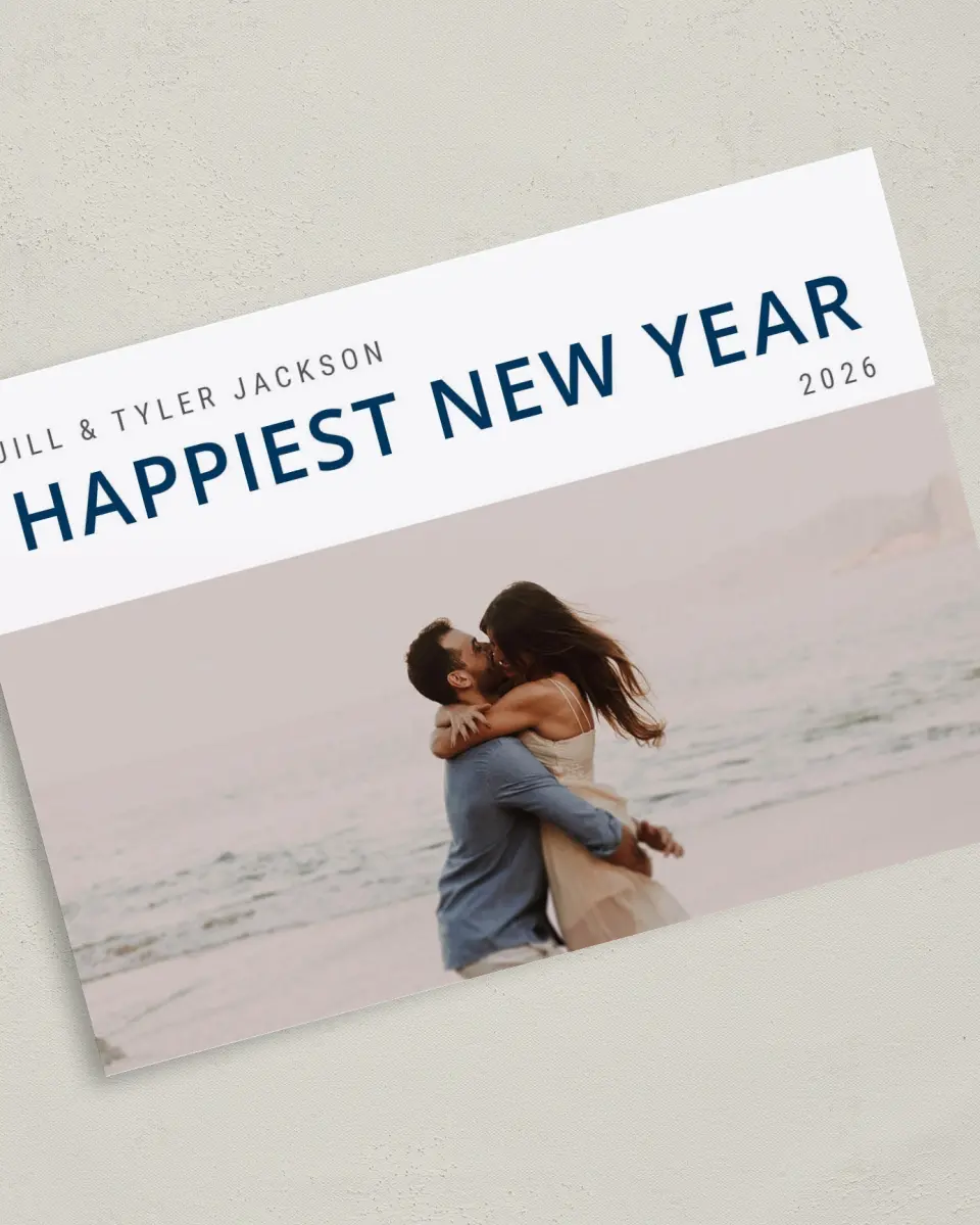 This is a 5" x 7" Christmas Card called Happiness Wishes printed in full color with Gold foil on Soft Suede (coated) paper