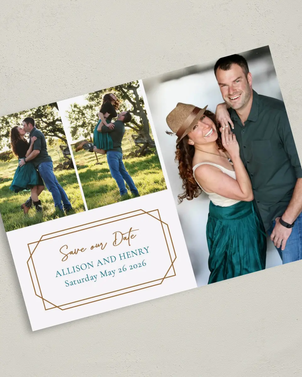 This is a 5" x 7" Save the Date Card called Gorgeously Geo printed in full color on Premium Smooth paper