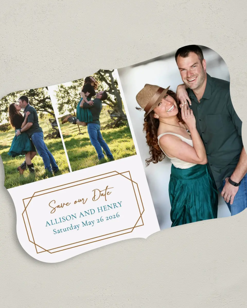 This is a 5" x 7" Save the Date Card called Gorgeously Geo printed in full color on Premium Smooth paper