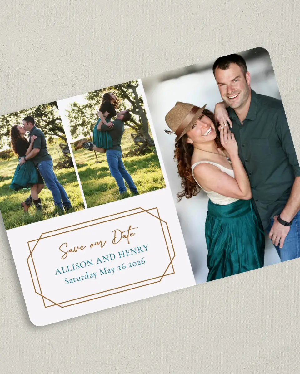 This is a 5" x 7" Save the Date Card called Gorgeously Geo printed in full color on Premium Smooth paper