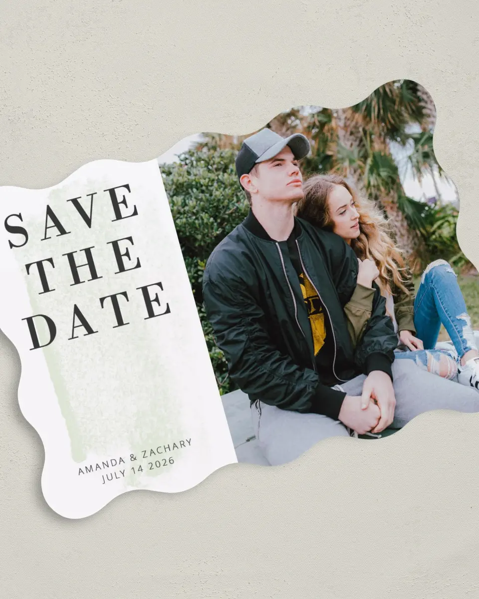 This is a 5" x 7" Save the Date Card called Tranquil Twinkle printed in full color with Gold foil on Luxe Satin (coated) paper