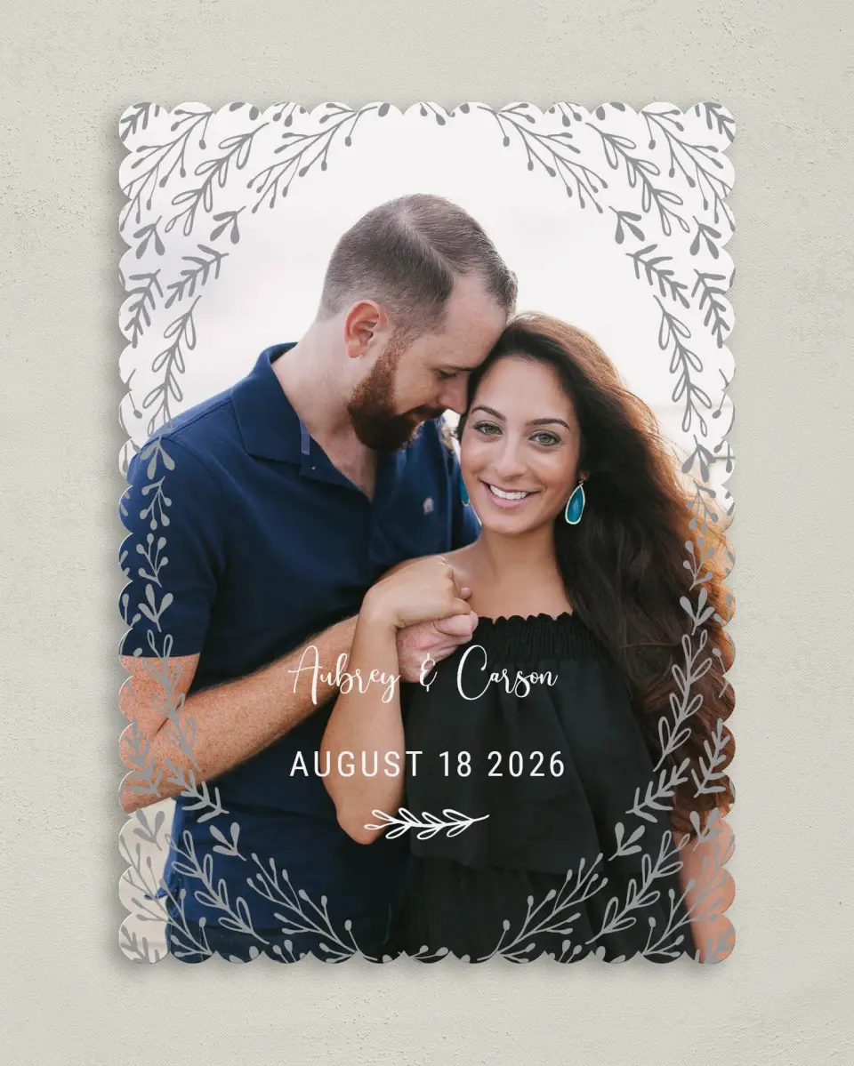 This is a 5" x 7" Save the Date Card called Radiant Meadow printed in full color with Silver foil on Luxe Satin (coated) paper