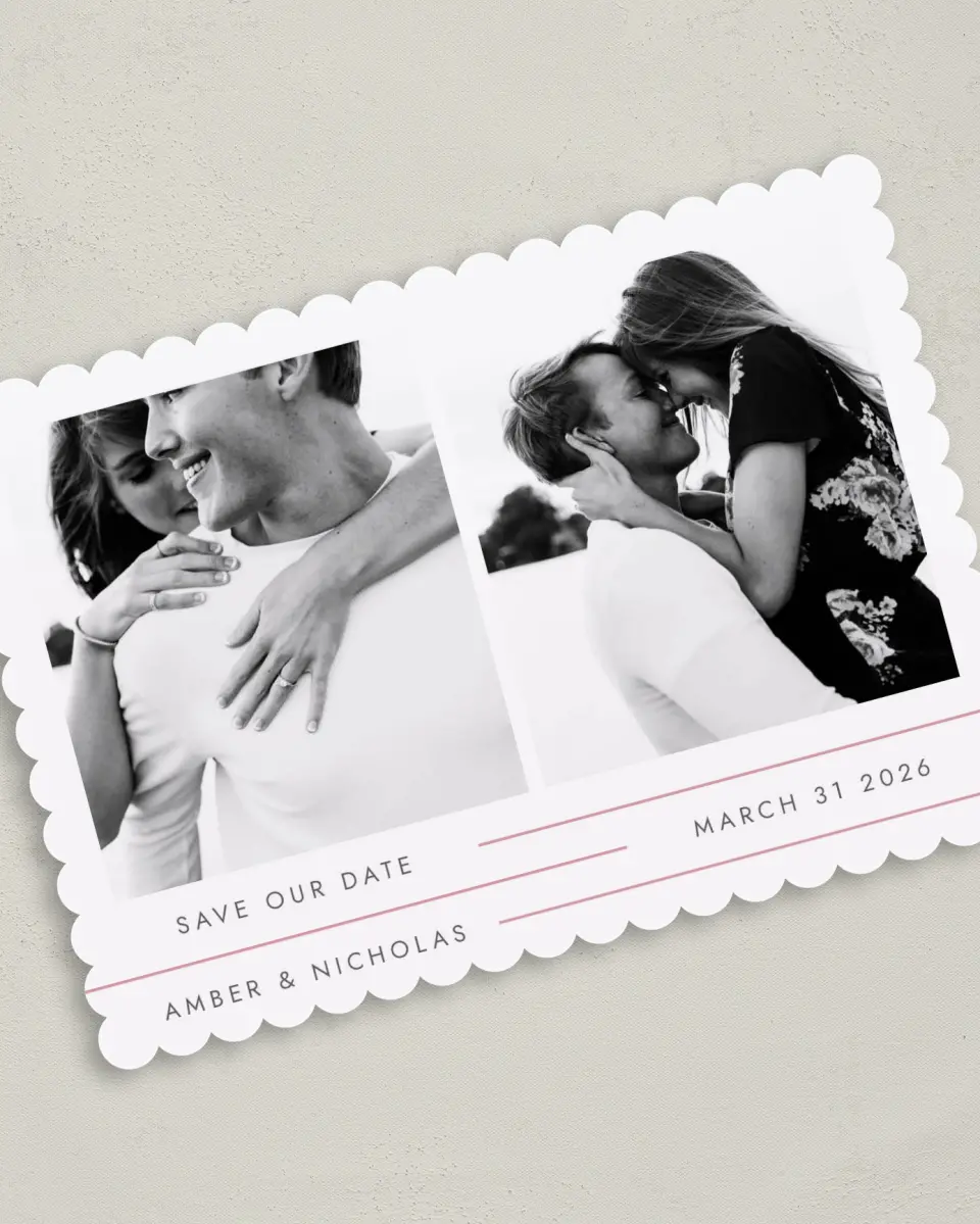 This is a 5" x 7" Save the Date Card called Glowing Tracks printed in full color with Silver foil on Luxe Satin (coated) paper