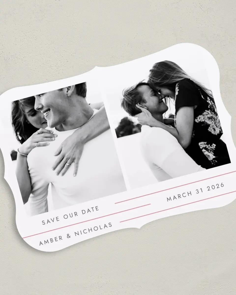 This is a 5" x 7" Save the Date Card called Glowing Tracks printed in full color on Premium Smooth paper
