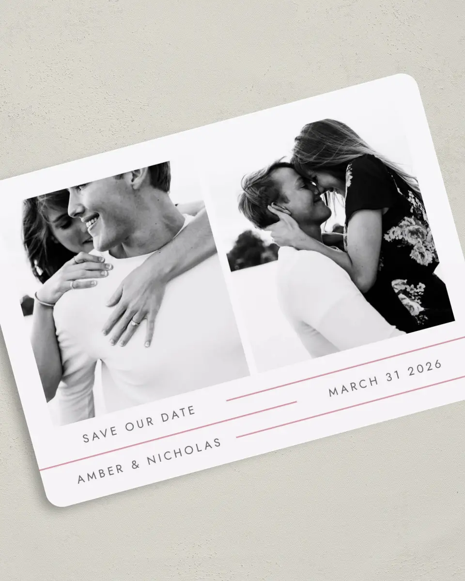 This is a 5" x 7" Save the Date Card called Glowing Tracks printed in full color on Premium Smooth paper