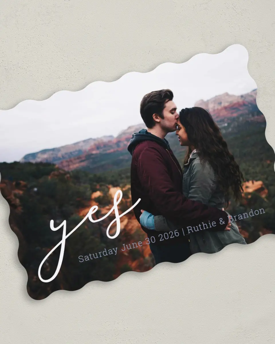This is a 5" x 7" Save the Date Card called My Answer printed in full color on Premium Smooth paper