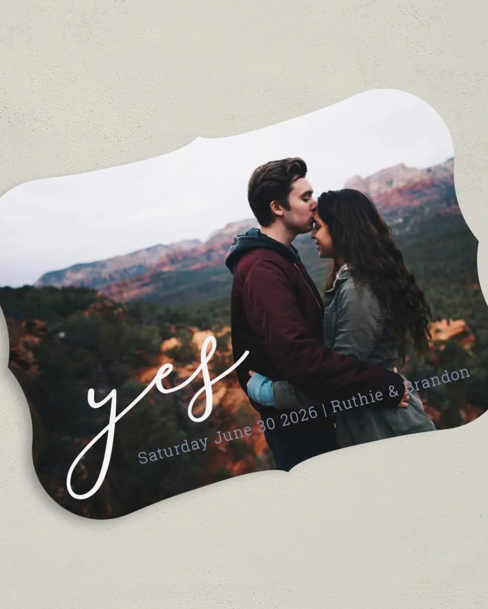 This is a 5" x 7" Save the Date Card called My Answer printed in full color on Premium Smooth paper
