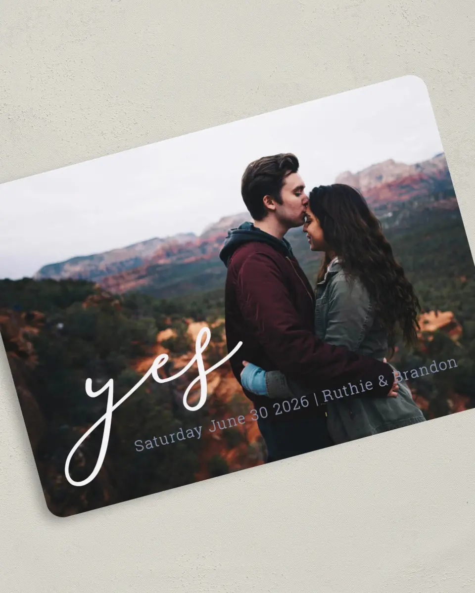 This is a 5" x 7" Save the Date Card called My Answer printed in full color on Premium Smooth paper