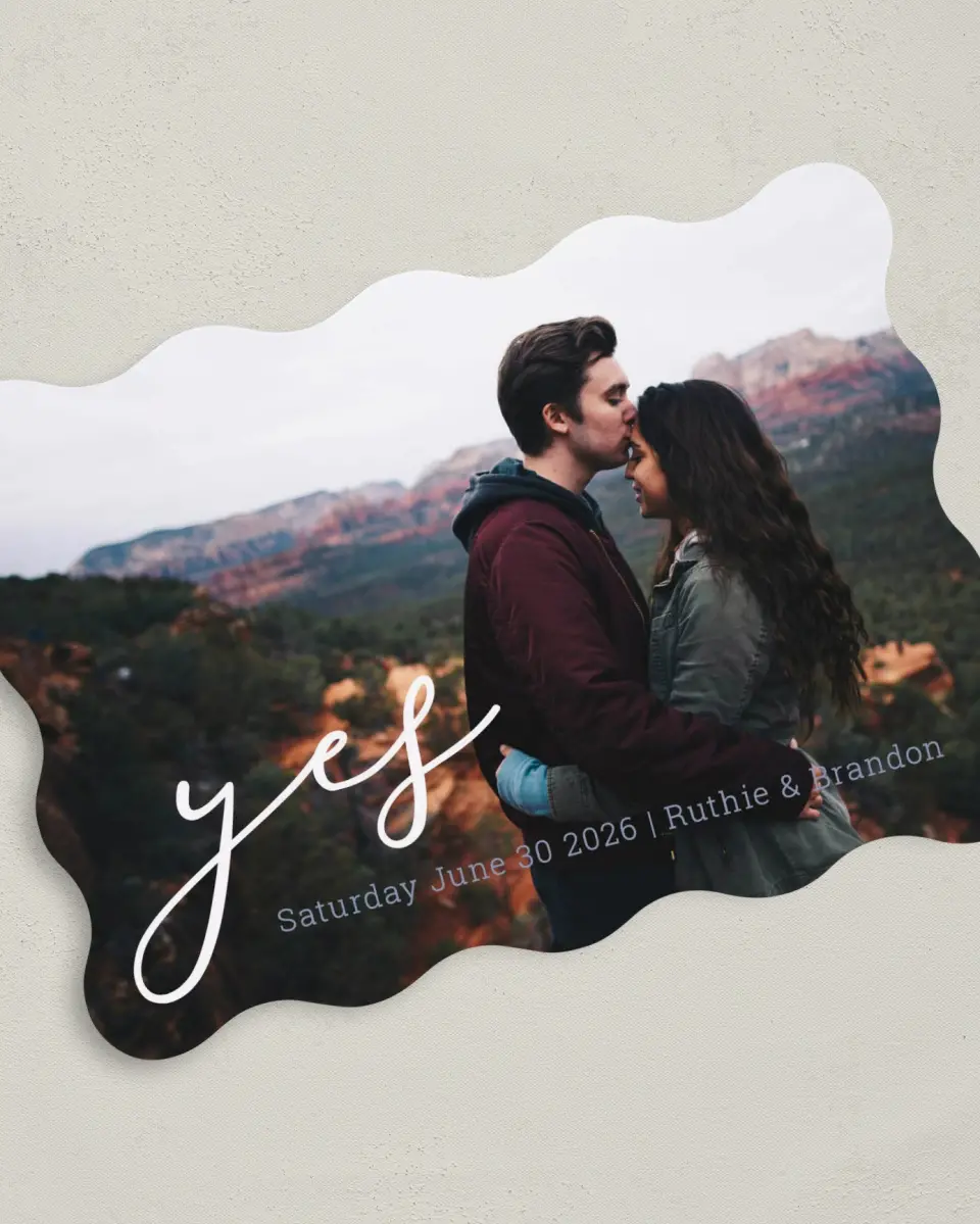 This is a 5" x 7" Save the Date Card called My Answer printed in full color with Silver foil on Luxe Satin (coated) paper