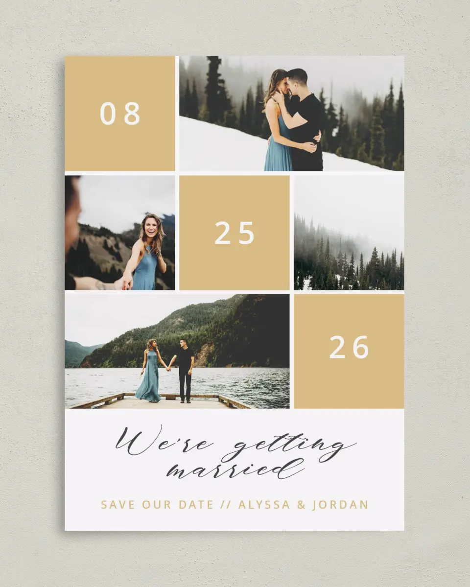 This is a 5" x 7" Save the Date Card called Photo Patchwork printed in full color on Premium Smooth paper