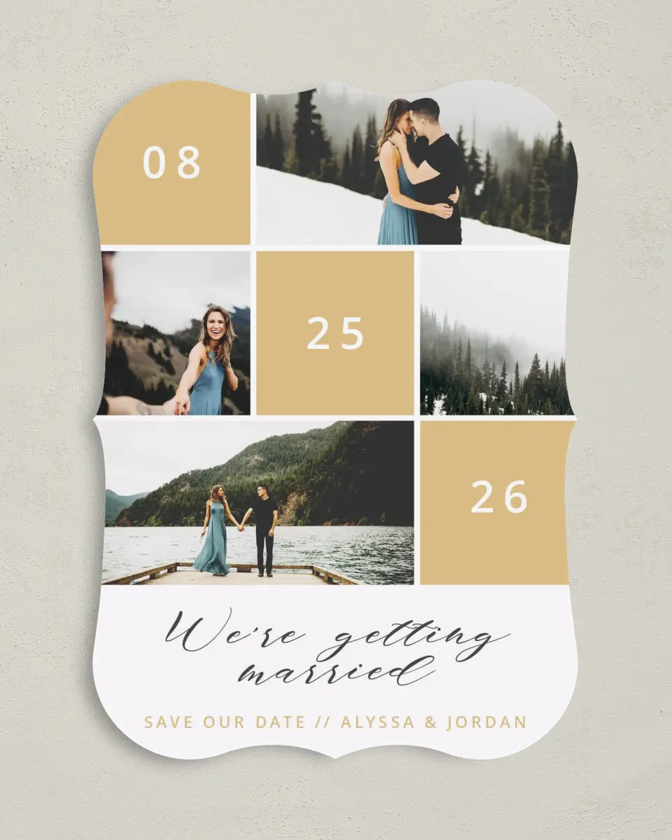 This is a 5" x 7" Save the Date Card called Photo Patchwork printed in full color on Premium Smooth paper