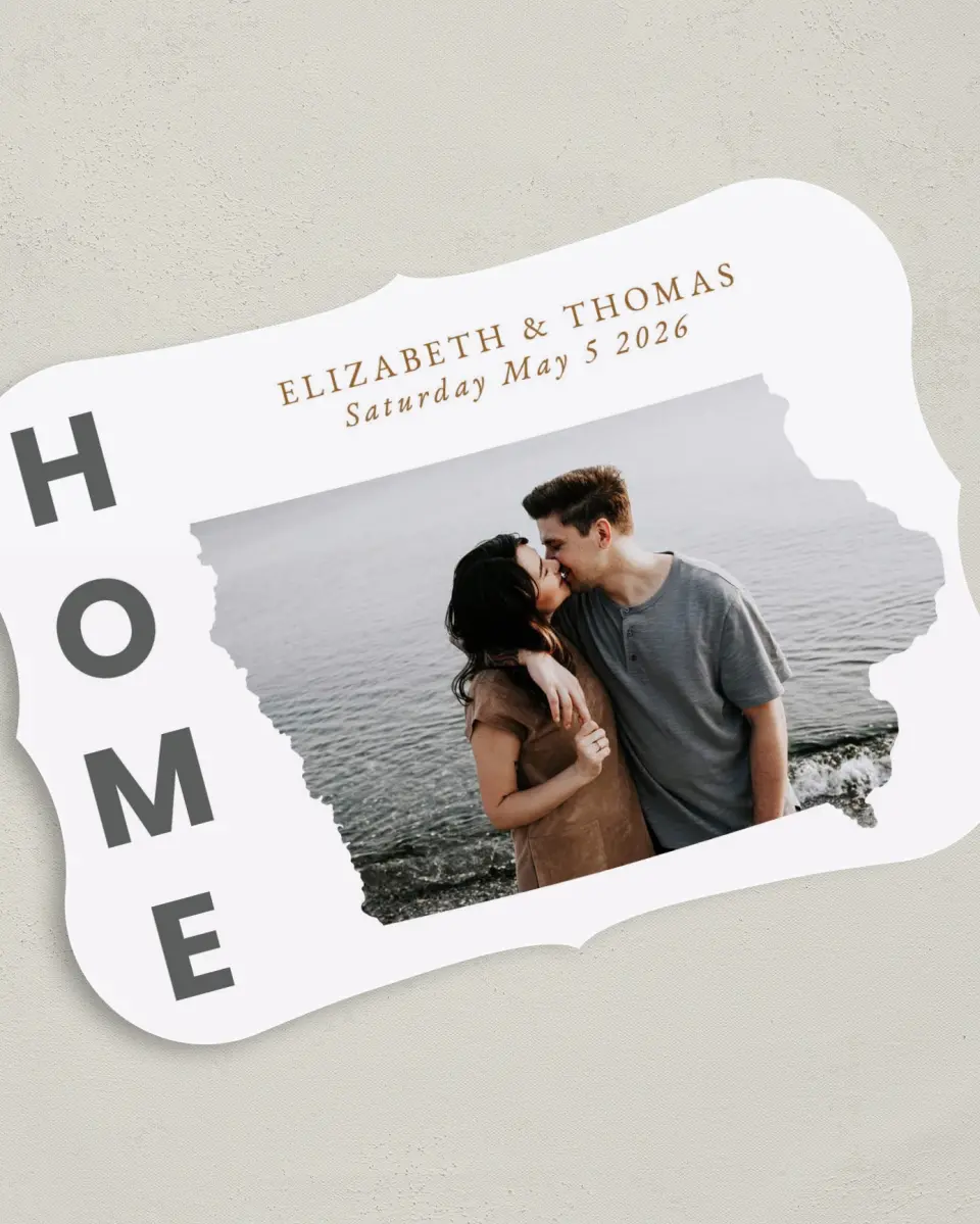 This is a 5" x 7" Save the Date Card called Home Together printed in full color on Premium Smooth paper