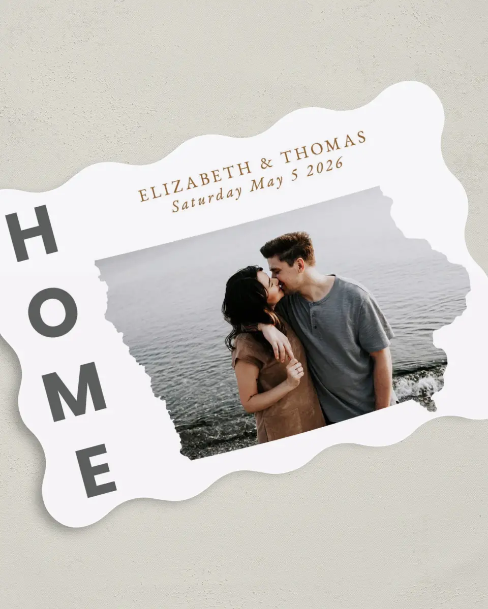 This is a 5" x 7" Save the Date Card called Home Together printed in full color on Premium Smooth paper
