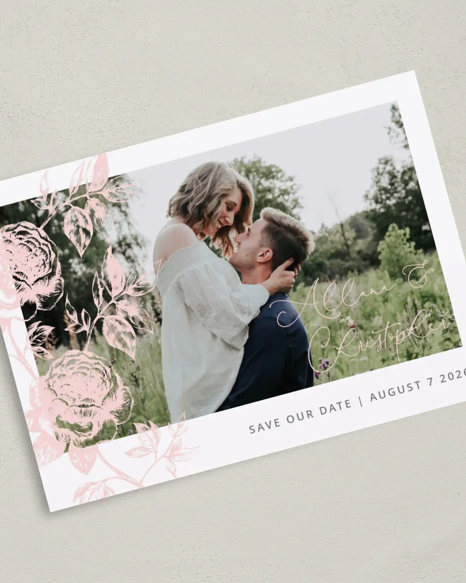 This is a 5" x 7" Save the Date Card called Stamped Elegance printed in full color on Premium Smooth paper