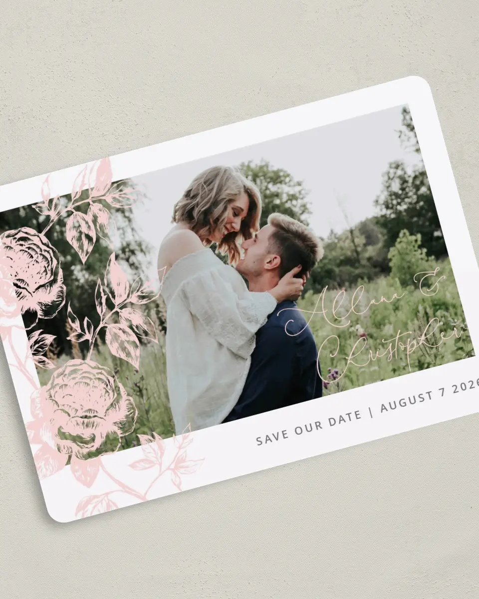 This is a 5" x 7" Save the Date Card called Stamped Elegance printed in full color on Premium Smooth paper