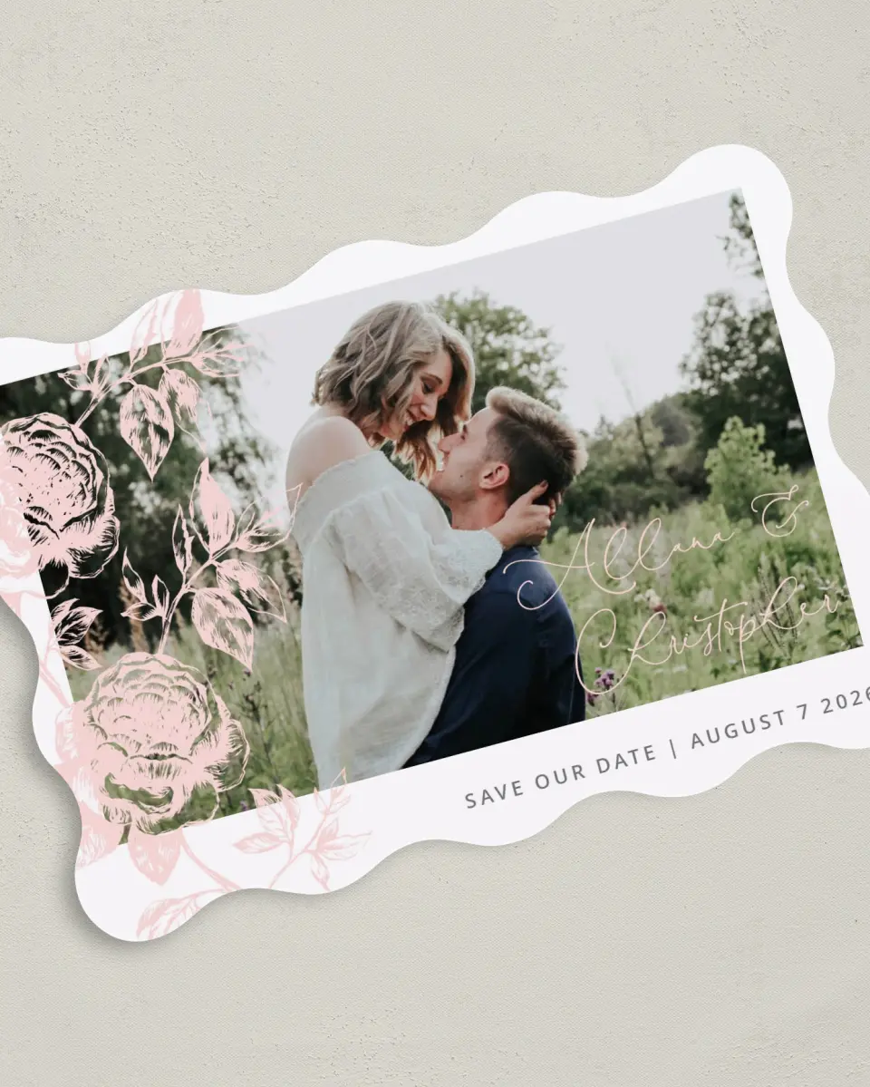 This is a 5" x 7" Save the Date Card called Stamped Elegance printed in full color with Rose Gold foil on Luxe Satin (coated) paper