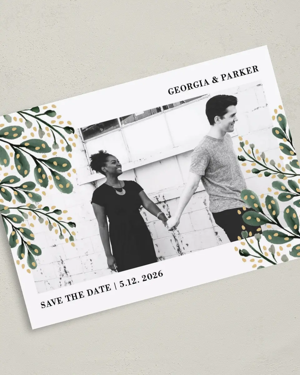This is a 5" x 7" Save the Date Card called Gilded Laurels printed in full color on Premium Smooth paper