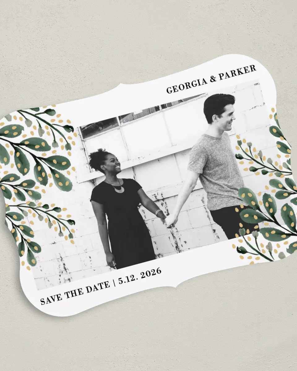 This is a 5" x 7" Save the Date Card called Gilded Laurels printed in full color on Premium Smooth paper