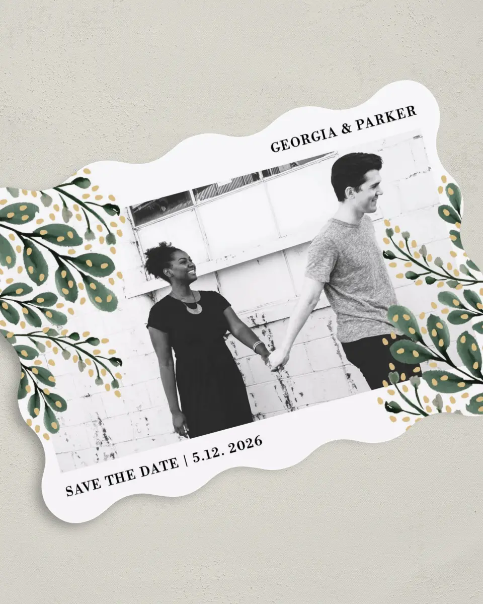 This is a 5" x 7" Save the Date Card called Gilded Laurels printed in full color on Premium Smooth paper