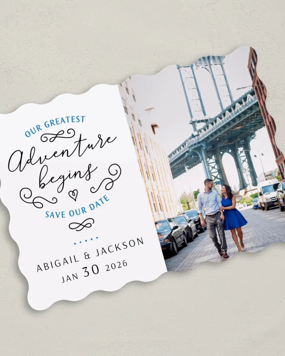 This is a 5" x 7" Save the Date Card called Greatest Adventure printed in full color on Premium Smooth paper