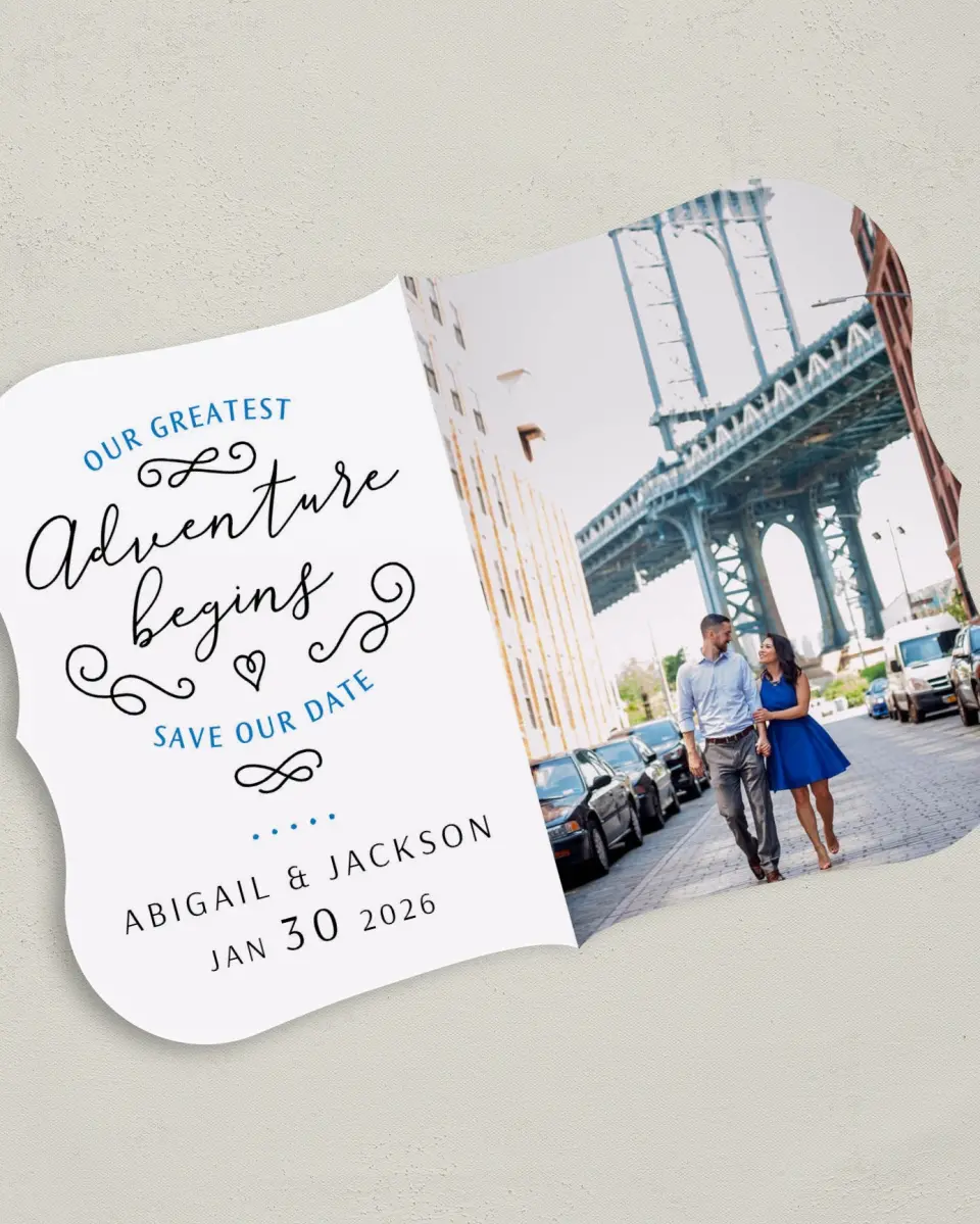 This is a 5" x 7" Save the Date Card called Greatest Adventure printed in full color on Premium Smooth paper