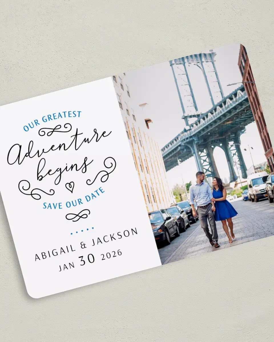 This is a 5" x 7" Save the Date Card called Greatest Adventure printed in full color on Premium Smooth paper