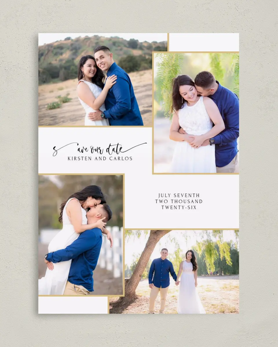 This is a 5" x 7" Save the Date Card called Love Squared printed in full color on Premium Smooth paper