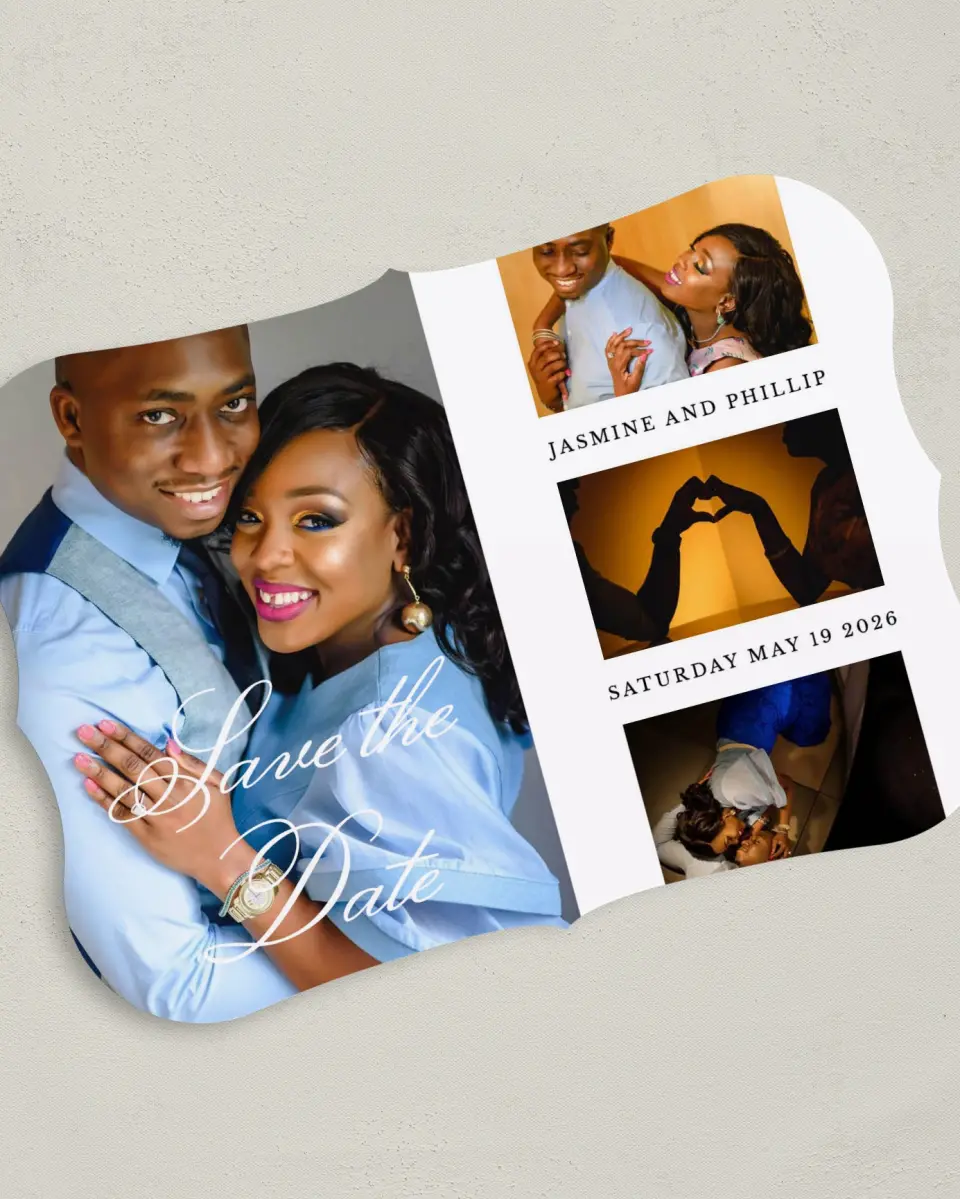 This is a 5" x 7" Save the Date Card called Ravishing Scrolls printed in full color on Premium Smooth paper
