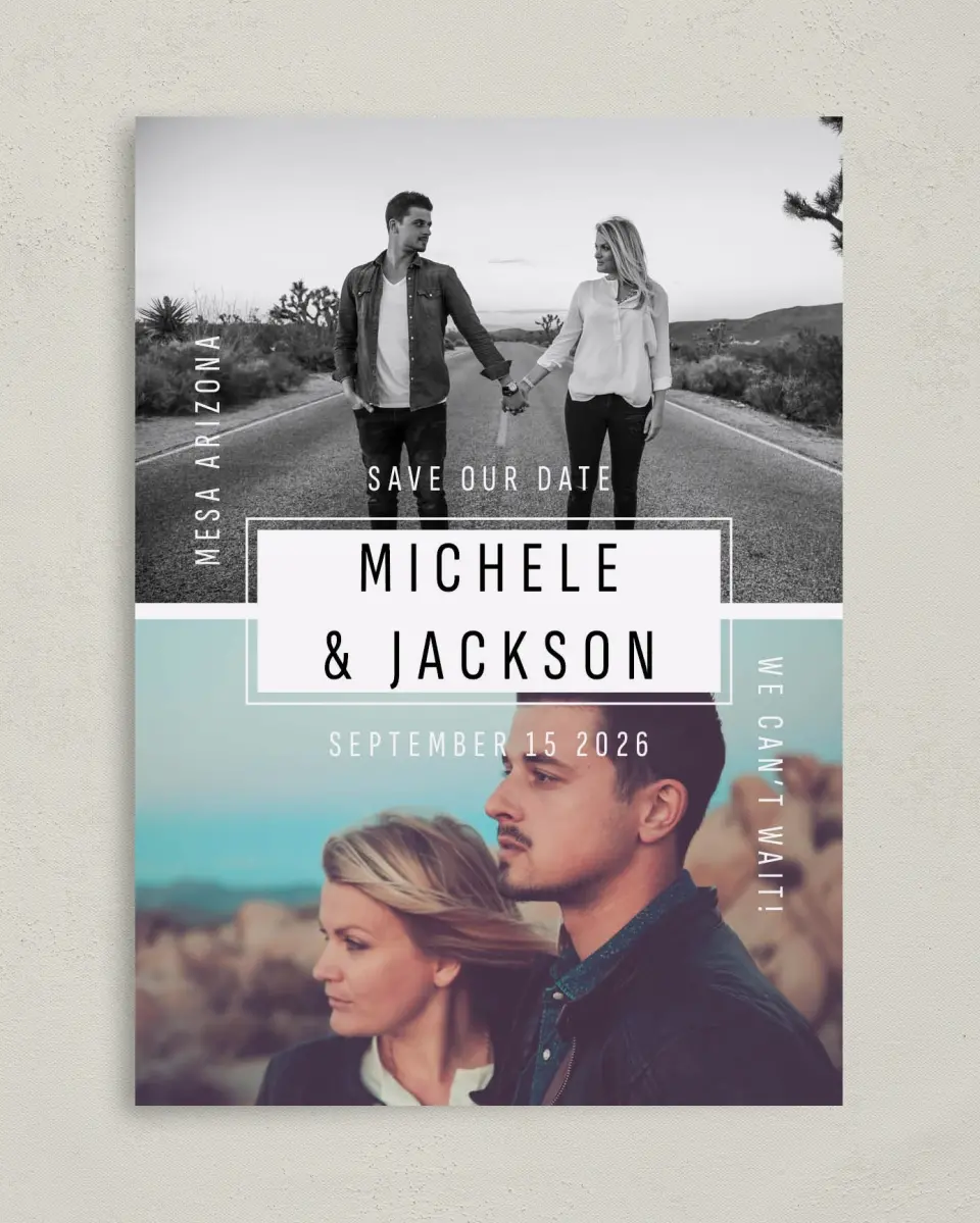 This is a 5" x 7" Save the Date Card called We Can't Wait printed in full color on Premium Smooth paper