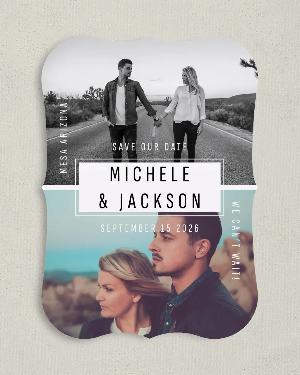 This is a 5" x 7" Save the Date Card called We Can't Wait printed in full color on Premium Smooth paper