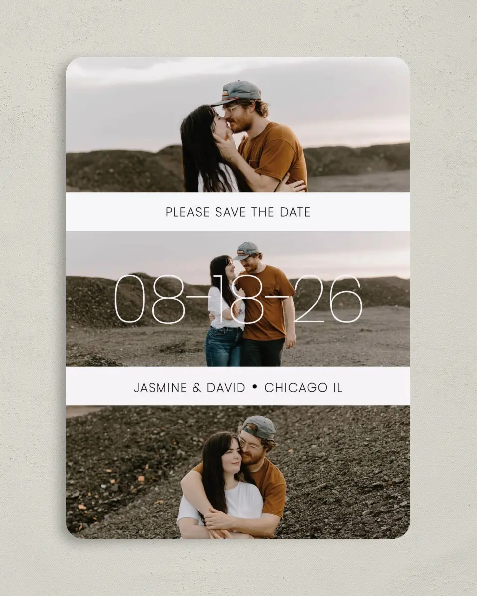 This is a 5" x 7" Save the Date Card called Splendid Stripes printed in full color on Premium Smooth paper