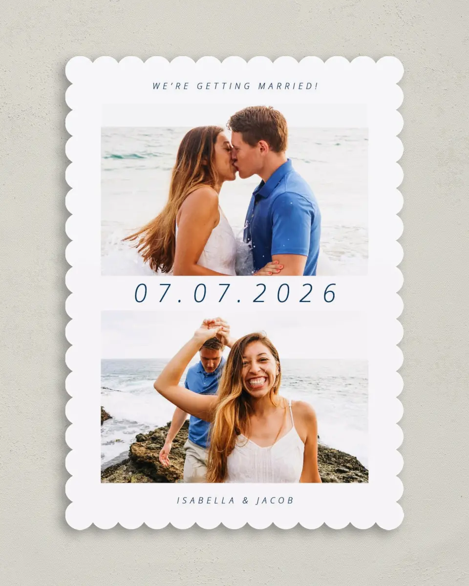 This is a 5" x 7" Save the Date Card called Our Big Day printed in full color with Silver foil on Luxe Satin (coated) paper