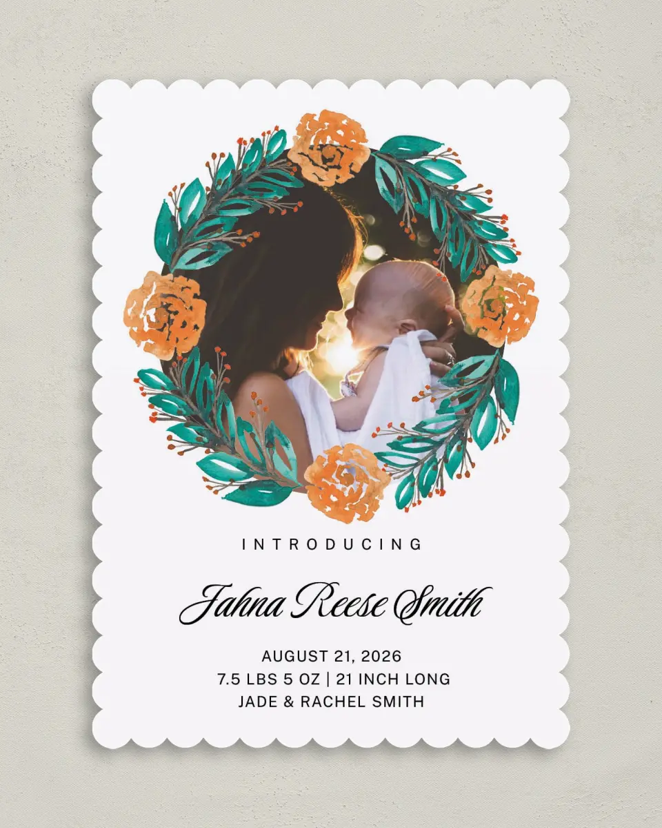 This is a 5" x 7" Birth Announcement Card called Shining News printed in full color on Premium Smooth paper