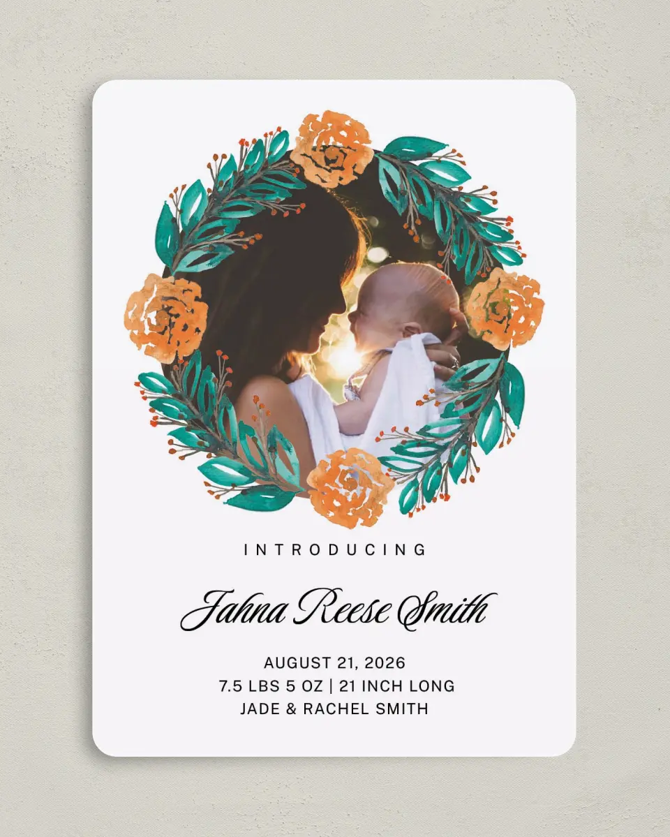 This is a 5" x 7" Birth Announcement Card called Shining News printed in full color on Premium Smooth paper