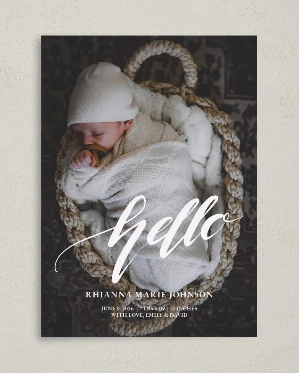 This is a 5" x 7" Birth Announcement Card called New Beginnings printed in full color with Silver foil on Luxe Satin (coated) paper