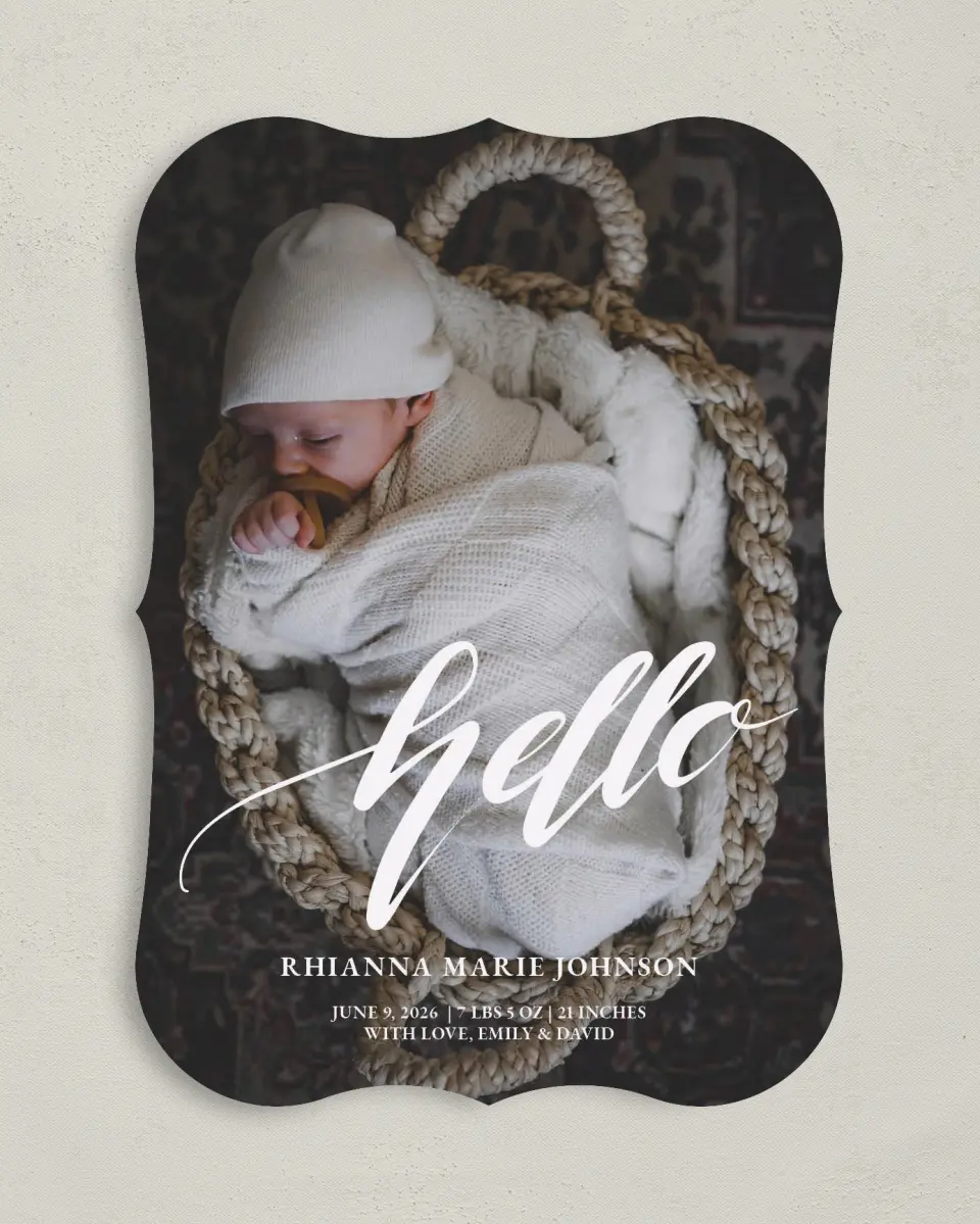 This is a 5" x 7" Birth Announcement Card called New Beginnings printed in full color on Premium Smooth paper