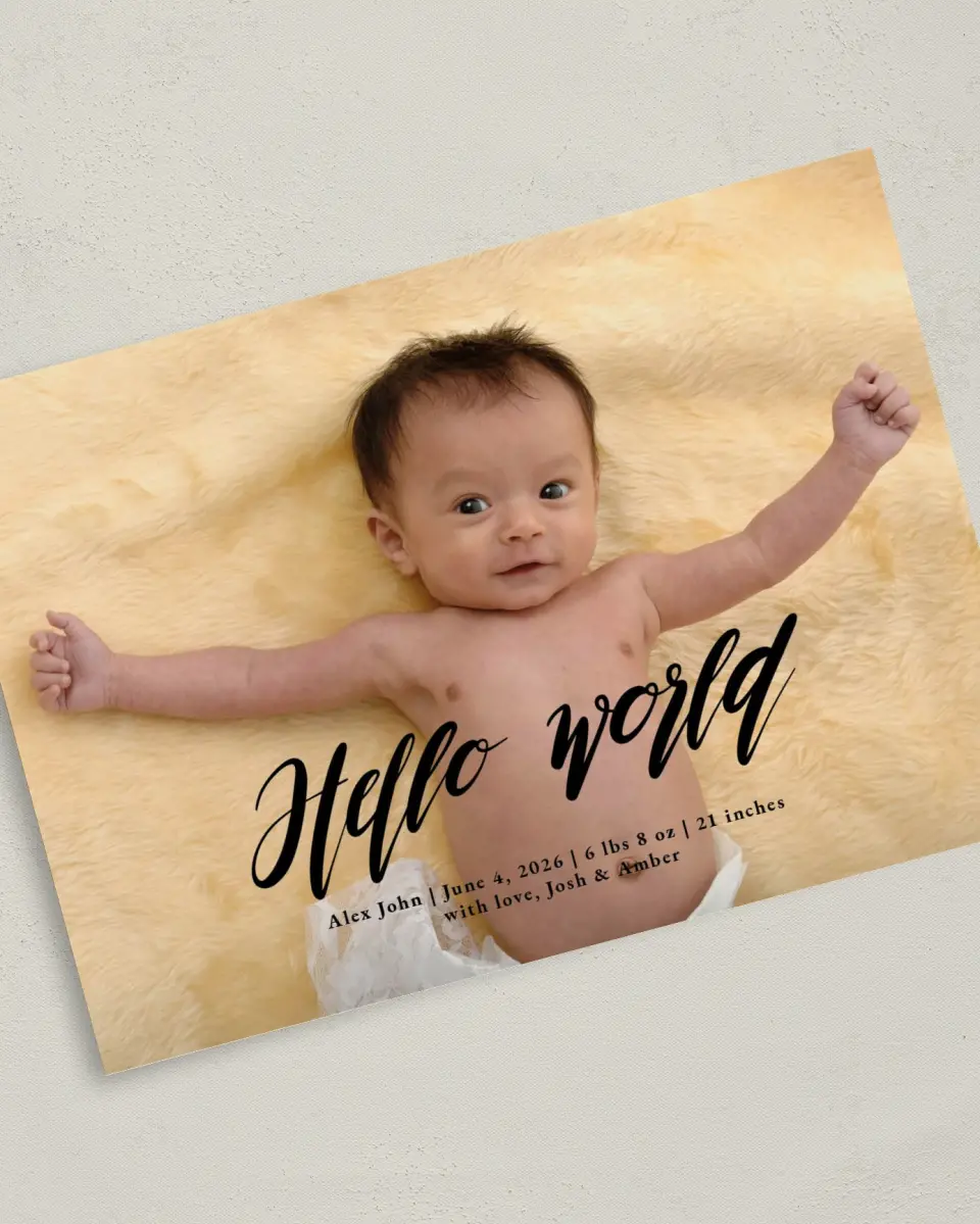 This is a 5" x 7" Birth Announcement Card called Softly Calling printed in full color on Premium Smooth paper