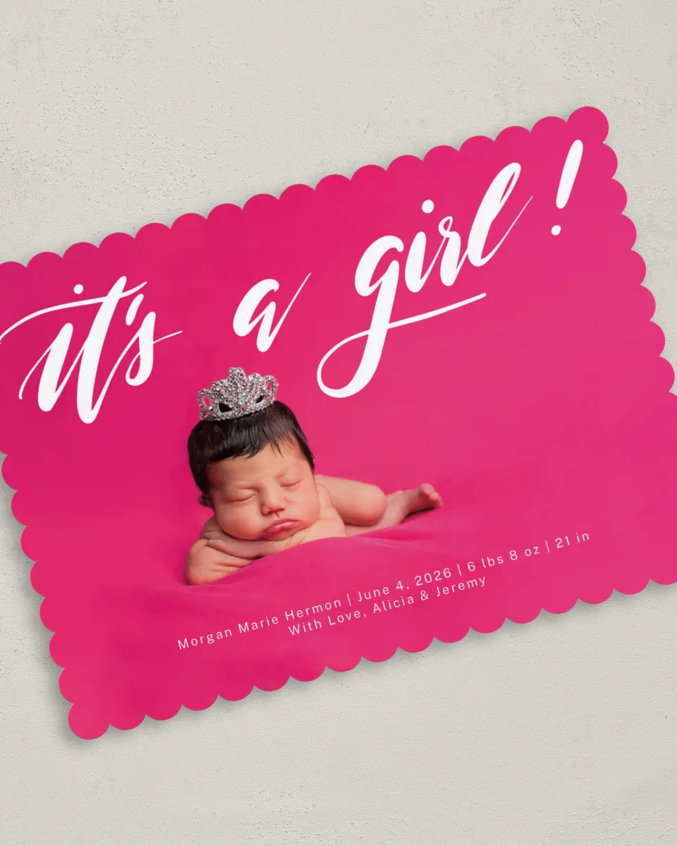 This is a 5" x 7" Birth Announcement Card called New Girl printed in full color on Premium Smooth paper