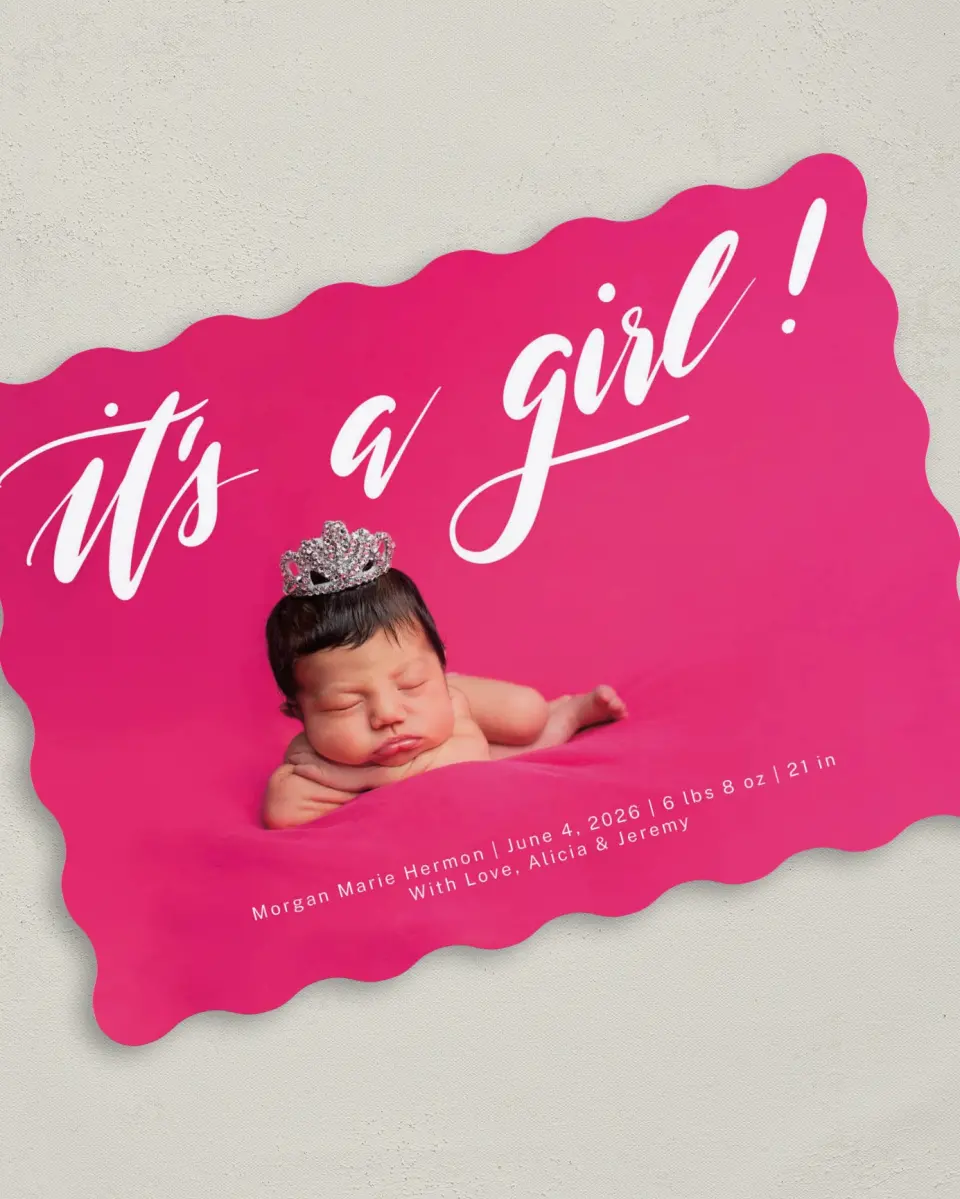 This is a 5" x 7" Birth Announcement Card called New Girl printed in full color on Premium Smooth paper