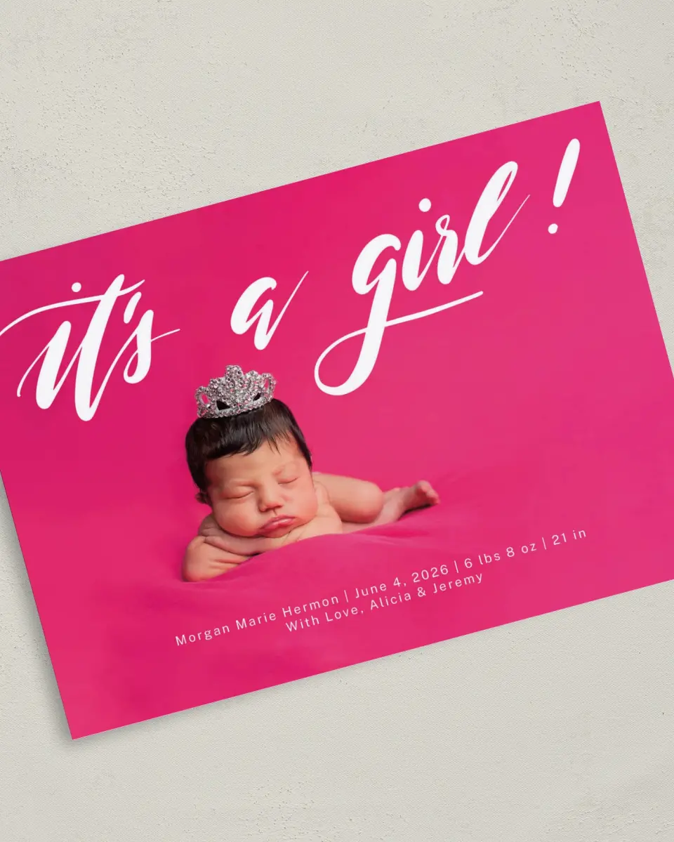 This is a 5" x 7" Birth Announcement Card called New Girl printed in full color with Silver foil on Luxe Satin (coated) paper