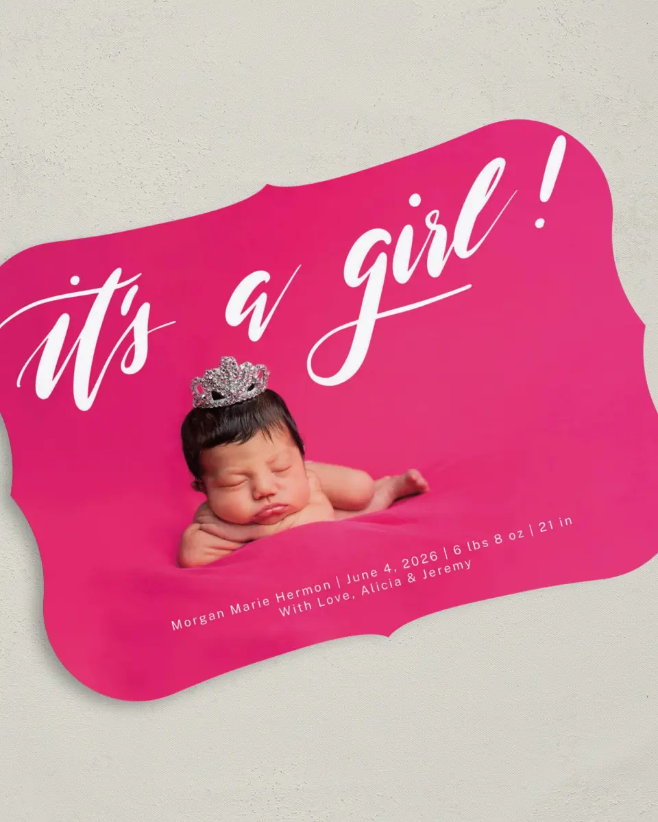 This is a 5" x 7" Birth Announcement Card called New Girl printed in full color on Premium Smooth paper