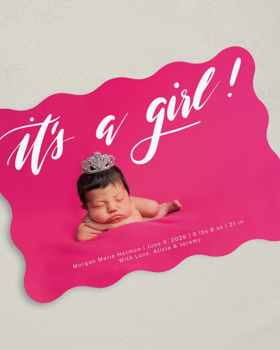 This is a 5" x 7" Birth Announcement Card called New Girl printed in full color on Premium Smooth paper