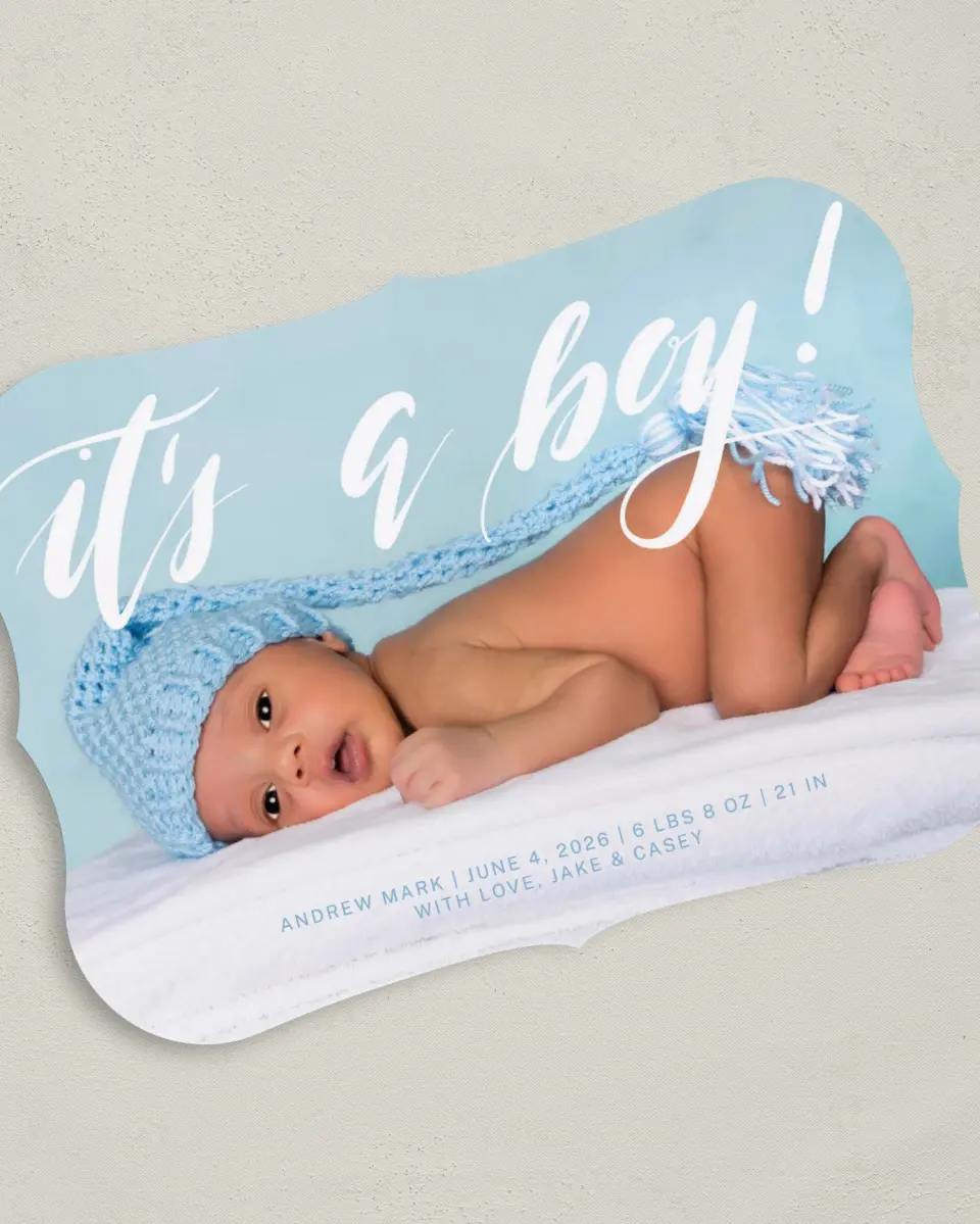 This is a 5" x 7" Birth Announcement Card called New Boy printed in full color on Premium Smooth paper
