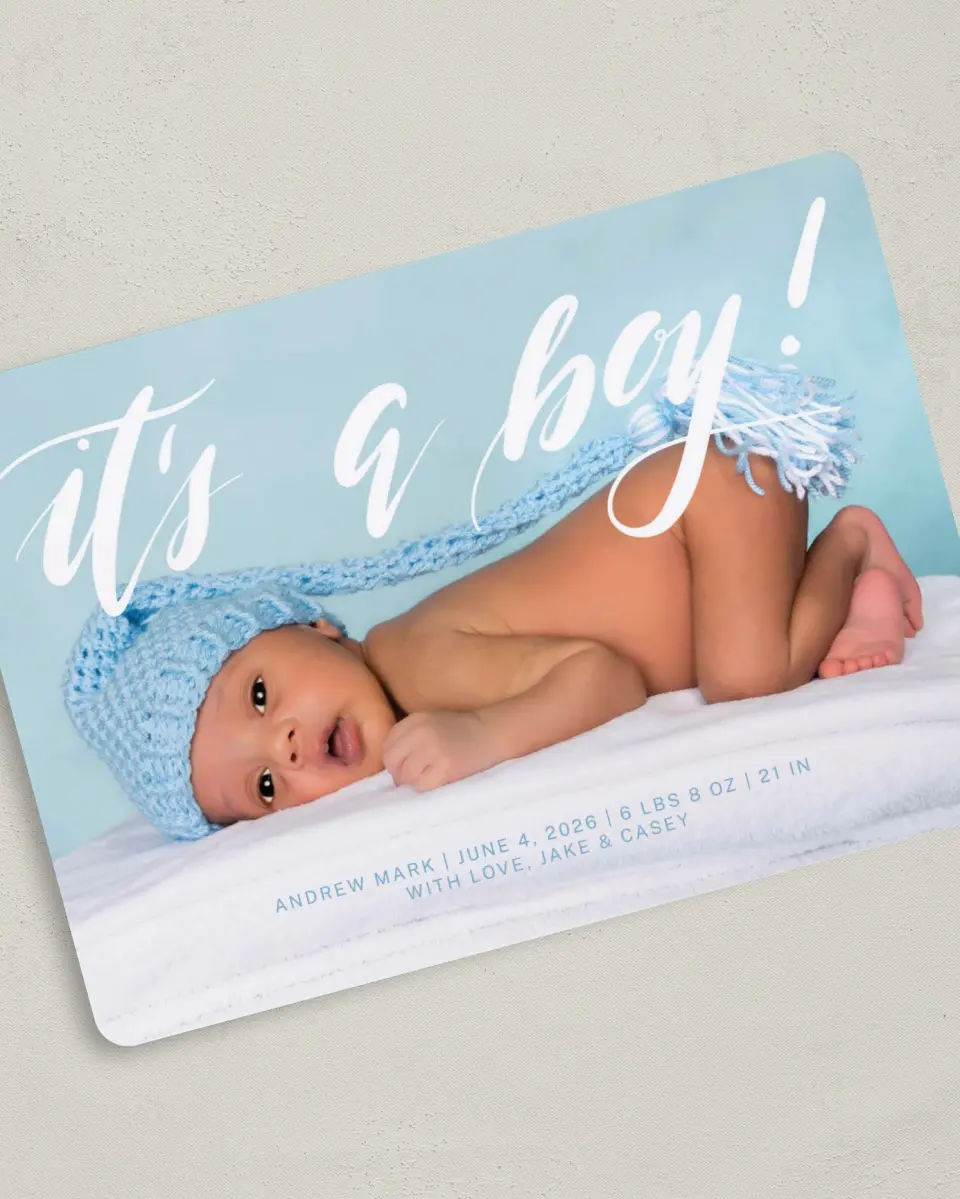 This is a 5" x 7" Birth Announcement Card called New Boy printed in full color on Premium Smooth paper